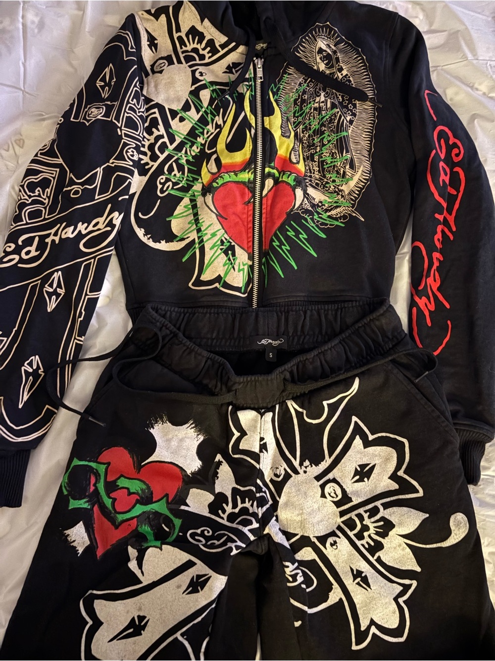 Ed Hardy Rare Women’s Black Sweatsuit with Red, Green & Silver Graphic